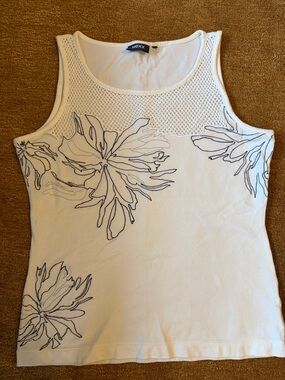 Mexx Cream Tank Top with Navy Floral Outline and Mesh Yoke
